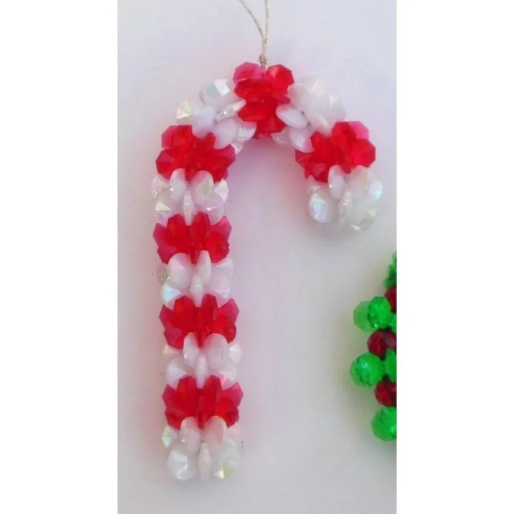 Lot of 4 Handmade Plastic Bead Christmas Ornaments Wreath Candy Canes 1970s